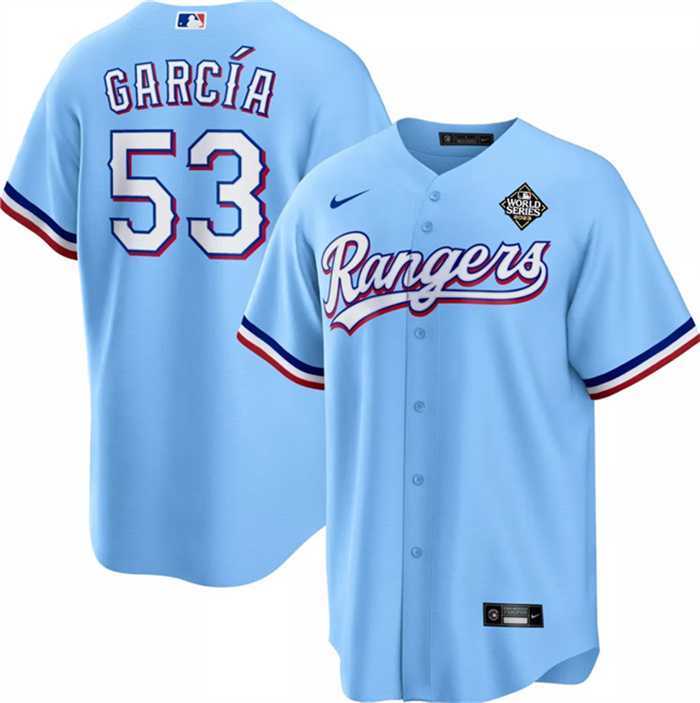 Men%27s Texas Rangers #53 Adolis Garcia Blue 2023 World Series Cool Base Stitched Baseball Jersey Dzhi->texas rangers->MLB Jersey